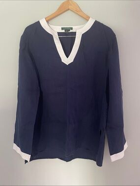 Ralph Lauren Navy Tunic with White Trim Accents 100% Linen size:L